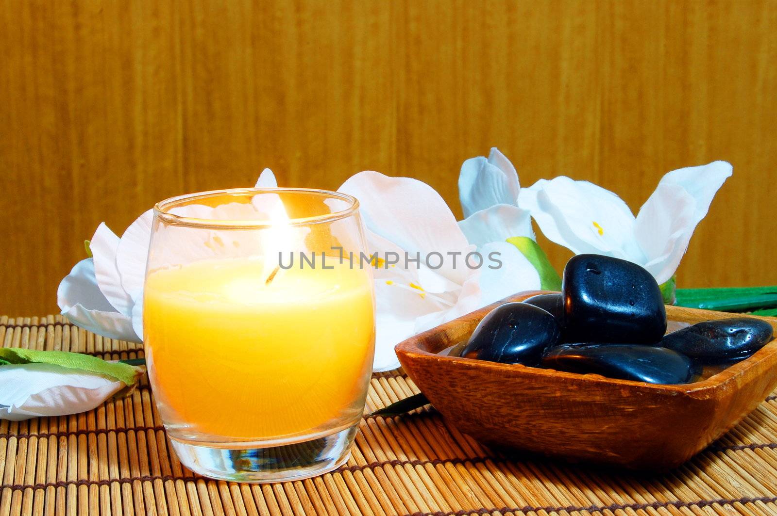 spa, zen and wellness still life with flowers and stones