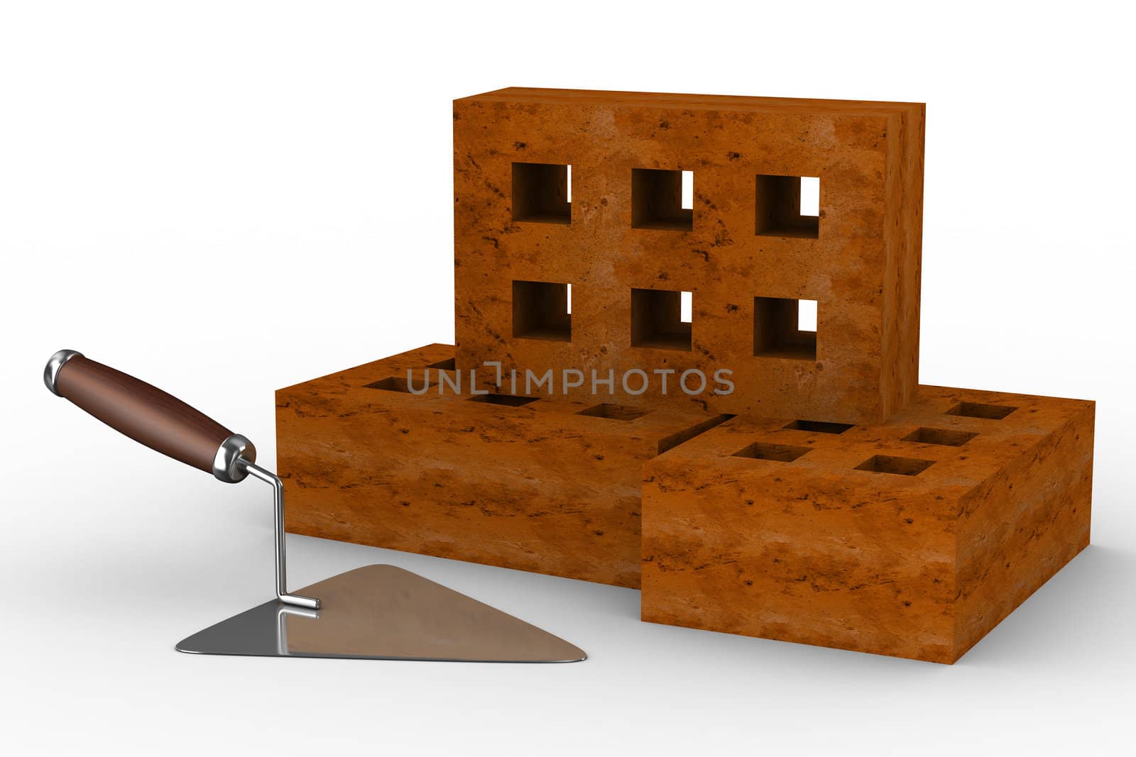 construction trowel and bricks on white. 3D image