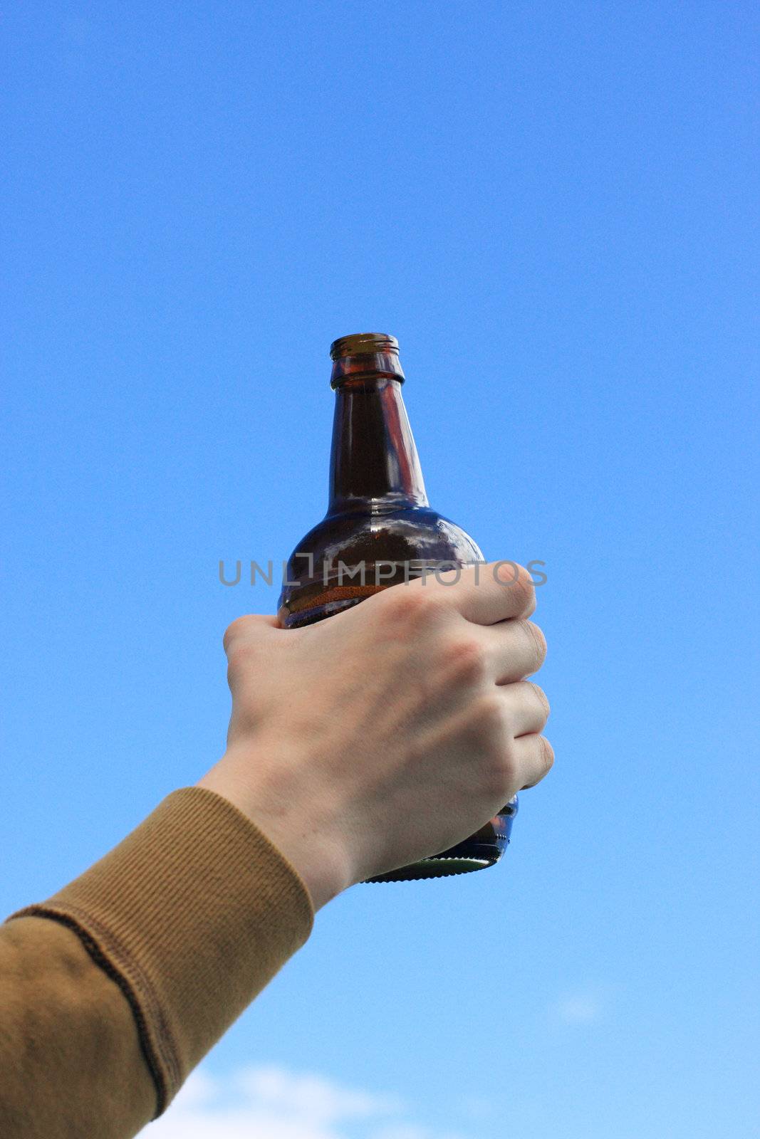 Hand, bottle, beer,  sky, drink