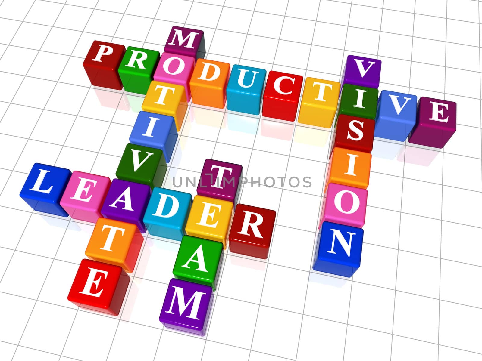 3d colour boxes crossword - motivate, leader, team, productive, vision