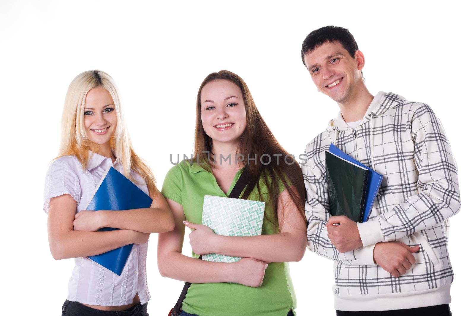 Cheerful students isolated over white