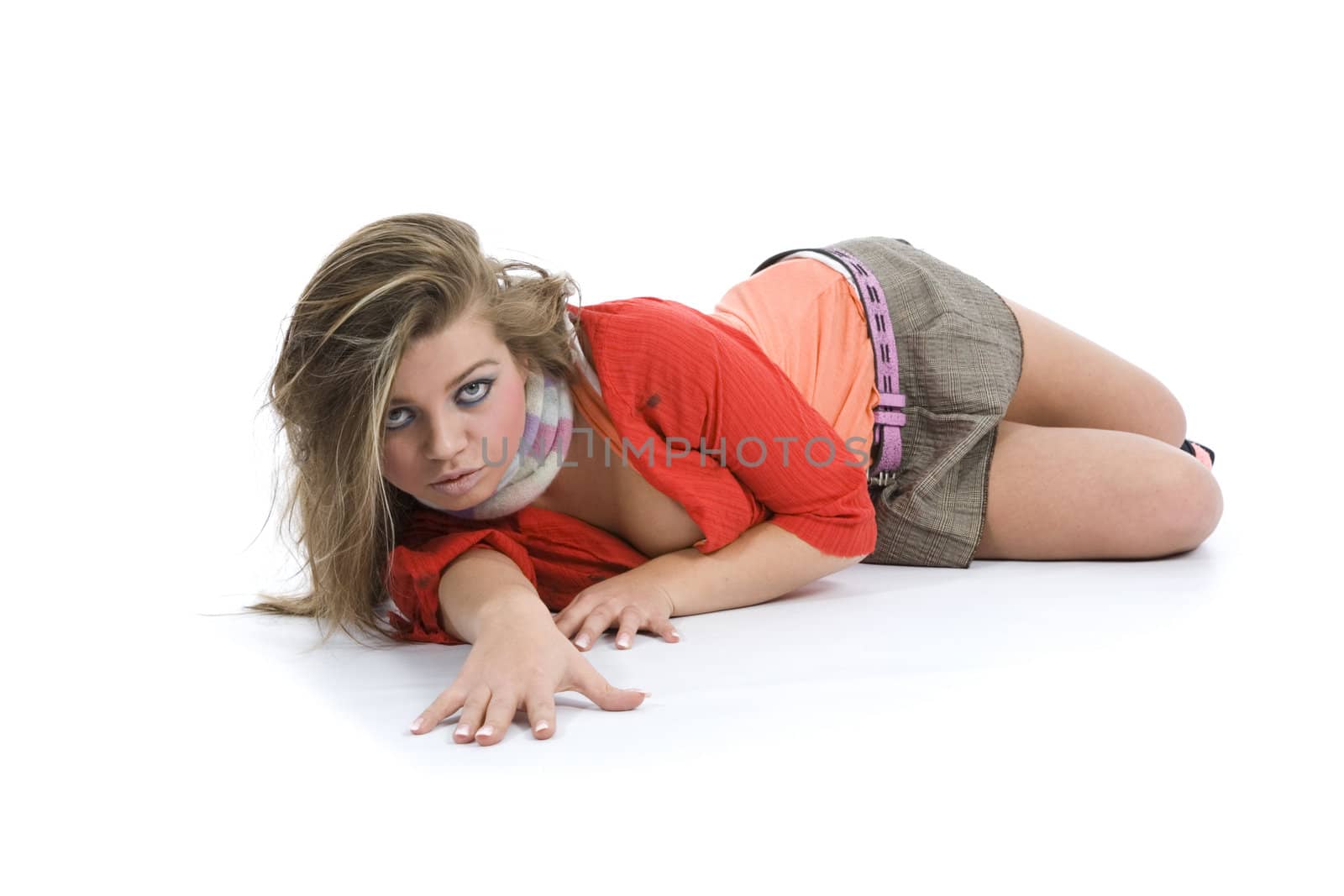 Sexy girl in red blouse on white background