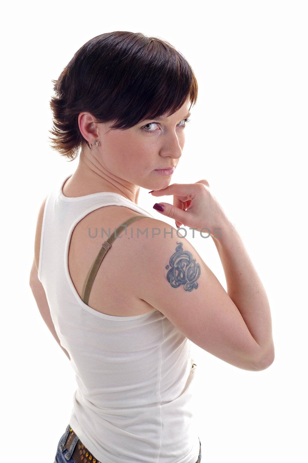 Woman with blue tattoo on her shoulder 
