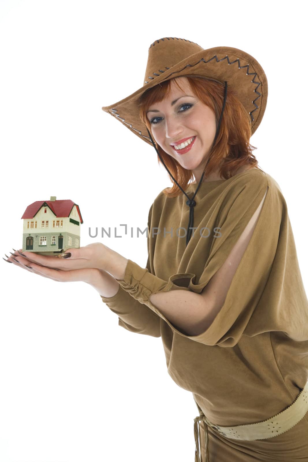 Business woman advertises real estate on isolated background