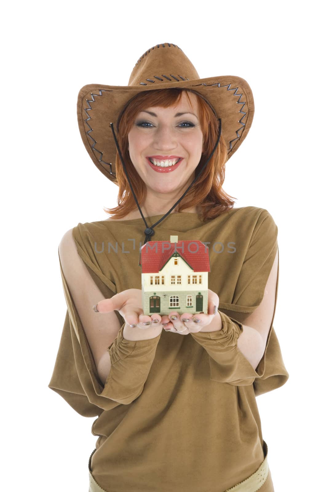Business woman advertises real estate on isolated background