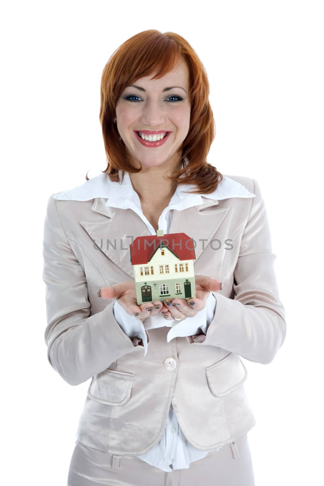 Business woman advertises real estate on isolated background
