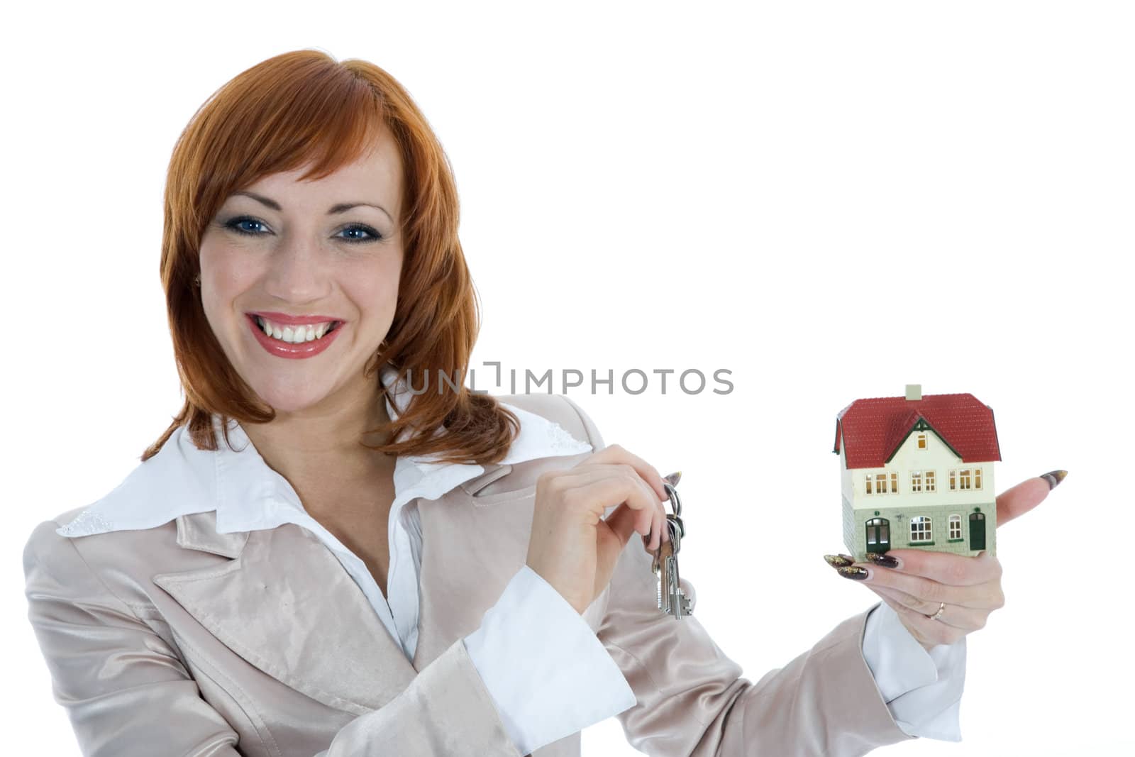 Business woman advertises real estate on isolated background