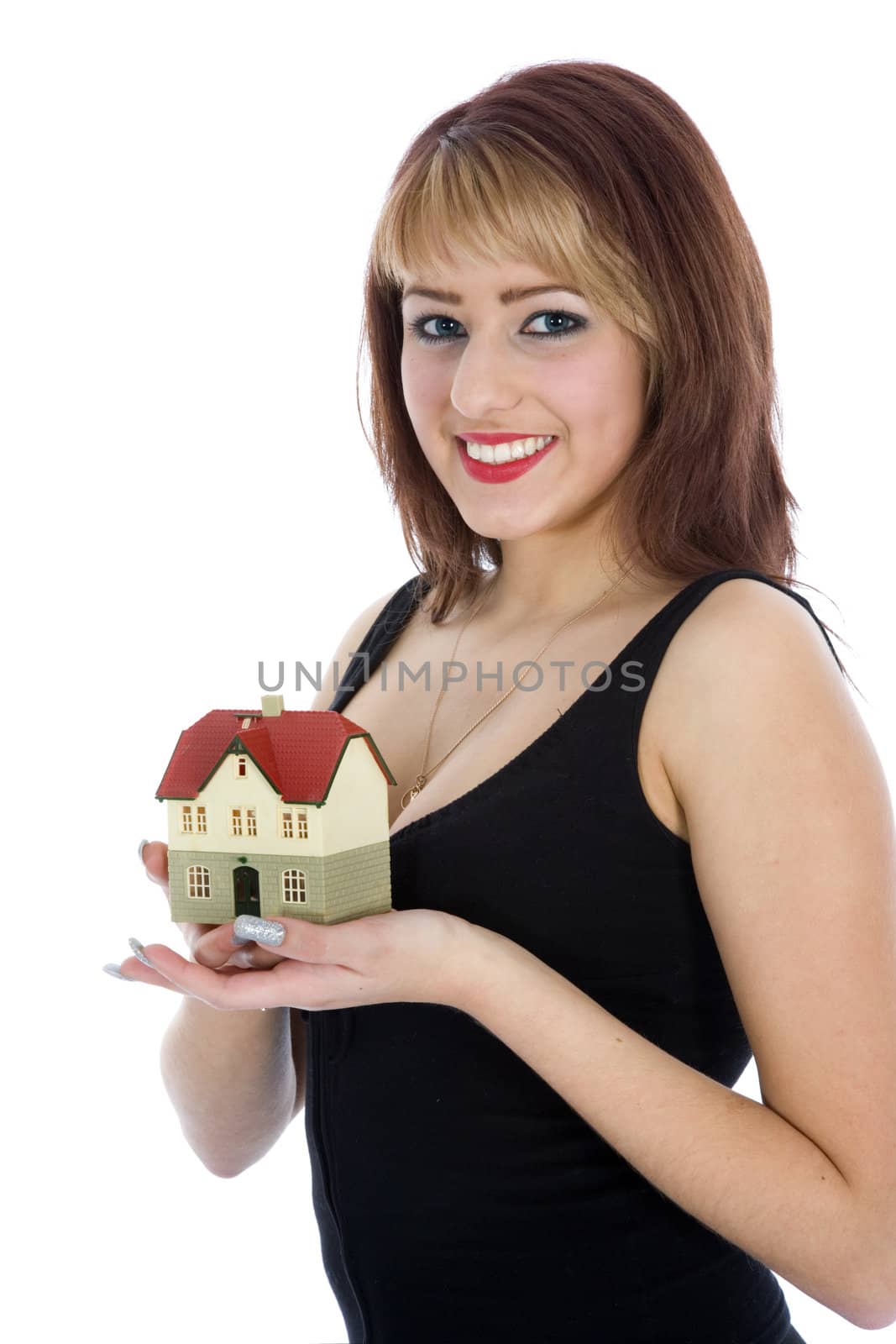Business woman advertises real estate on isolated background