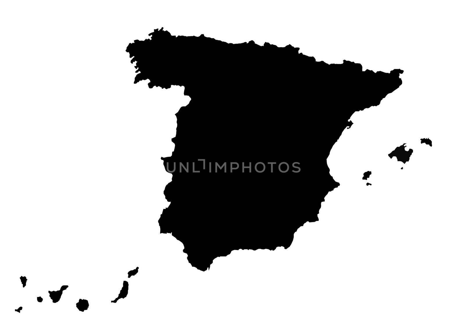 Illustration in black over white of map of Spain including Balearic Islands and Canary Islands.