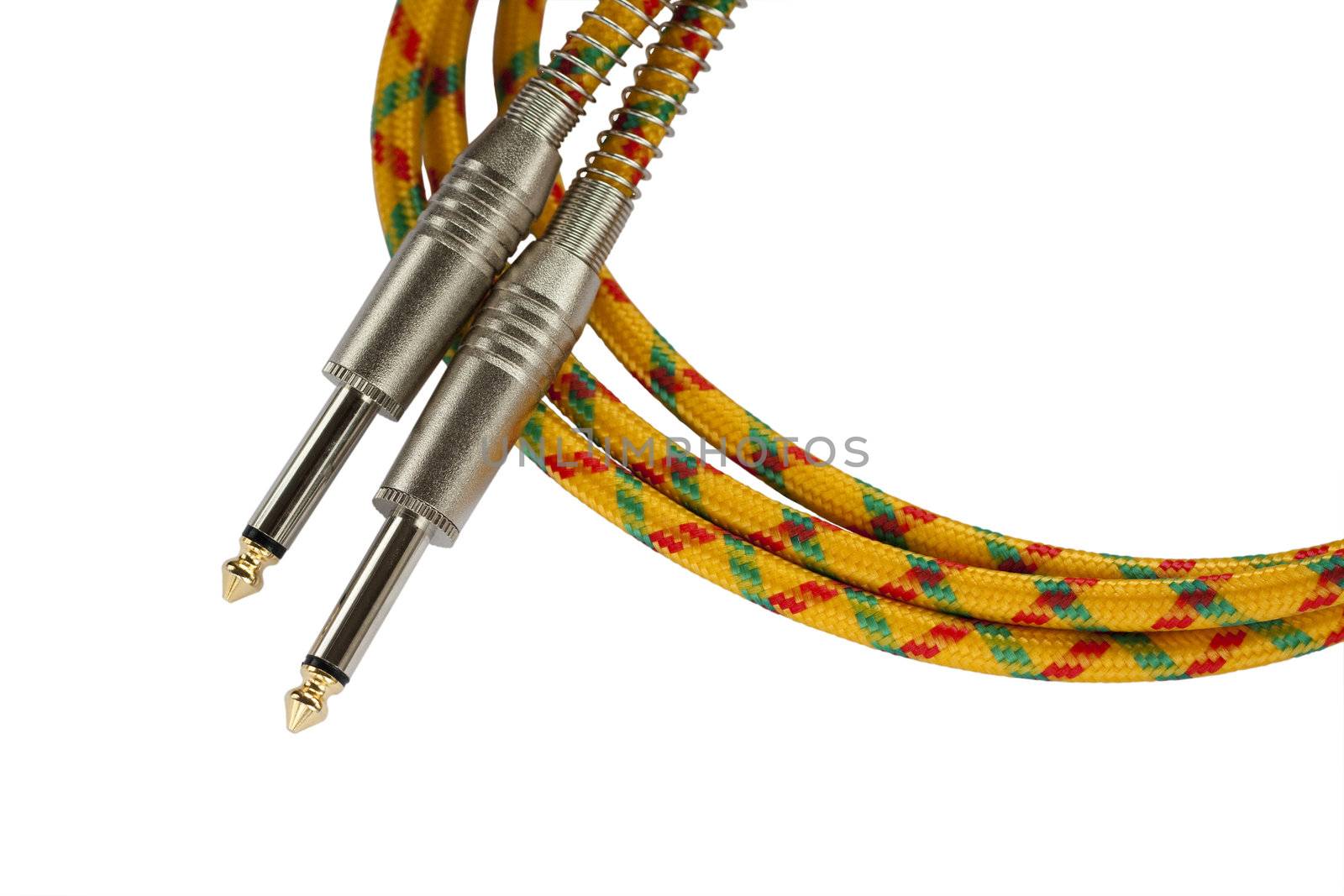 Vintage tweed cable and chrome plugs used for connecting musical instruments to amplifiers, isolated on white background.
