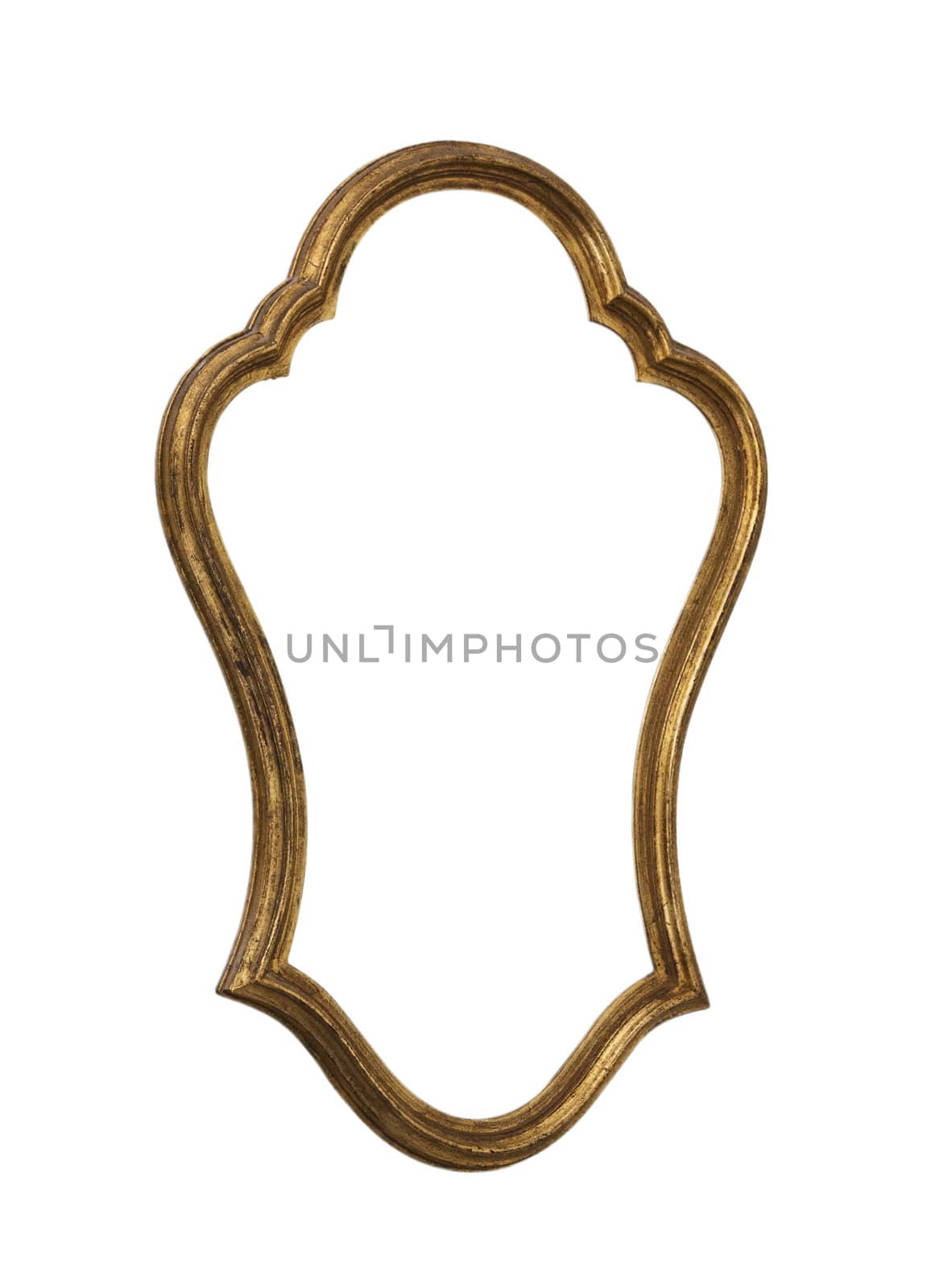 Golden mirror frame with copy space isolated on white.