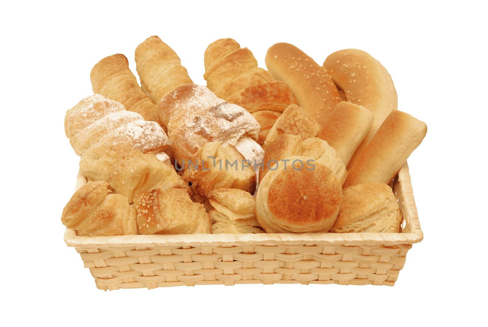 Bread & Pastry in the basket isolated over white background