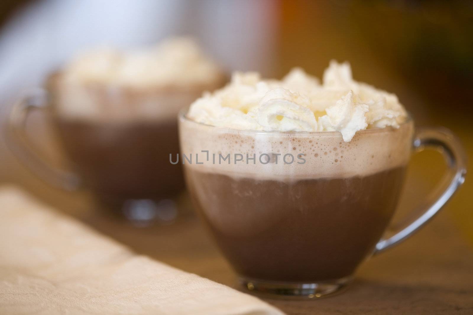 Cups of hot cocoa or mocha latte