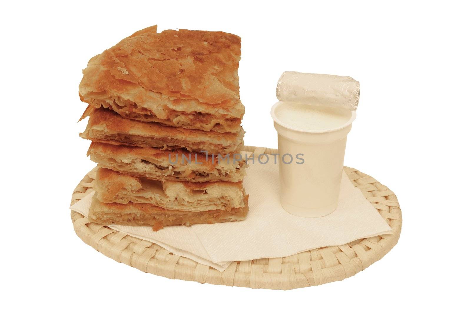 Round burek with yoghurt breakfast option isolated over white background