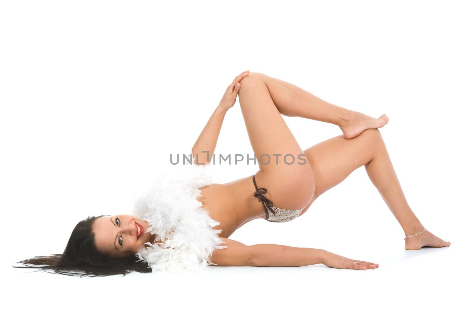 portrait of the brunette with blue eye on white background