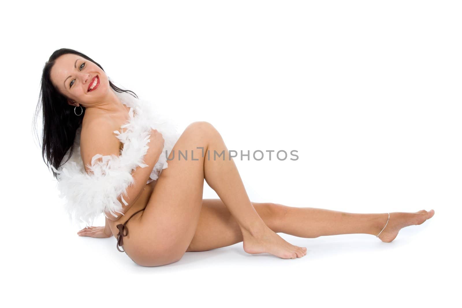 portrait of the brunette with blue eye on white background