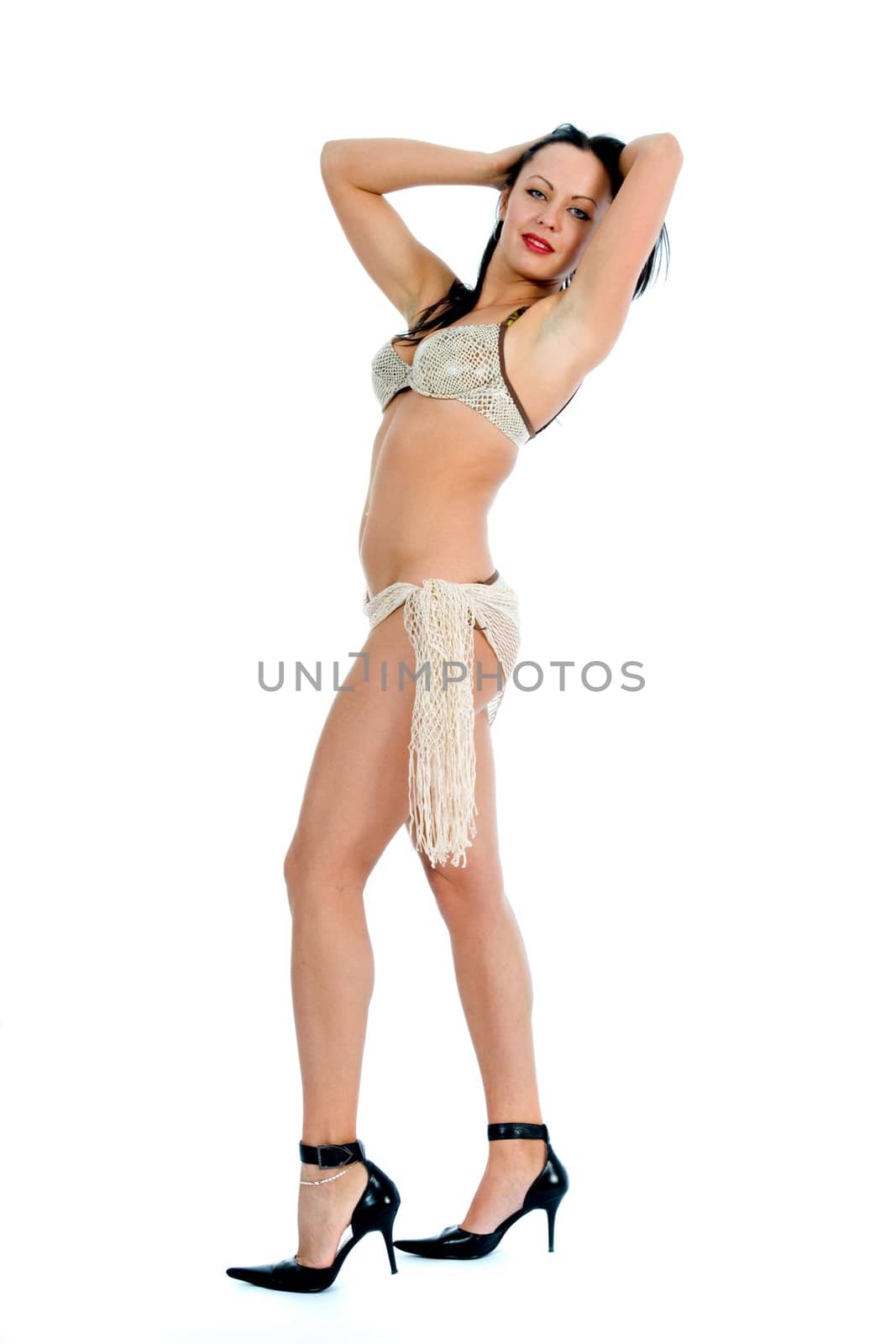 portrait of the brunette with blue eye on white background