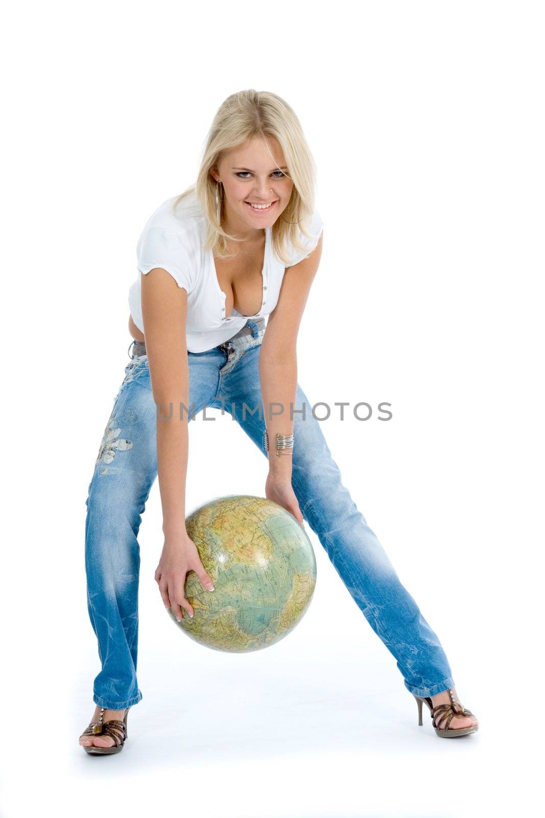 Young woman with  globe on  isolated background