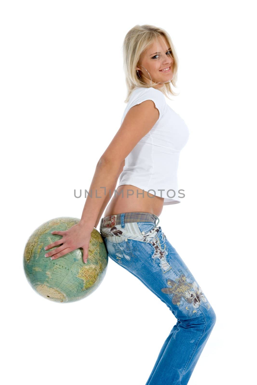 Young woman with  globe on  isolated background
