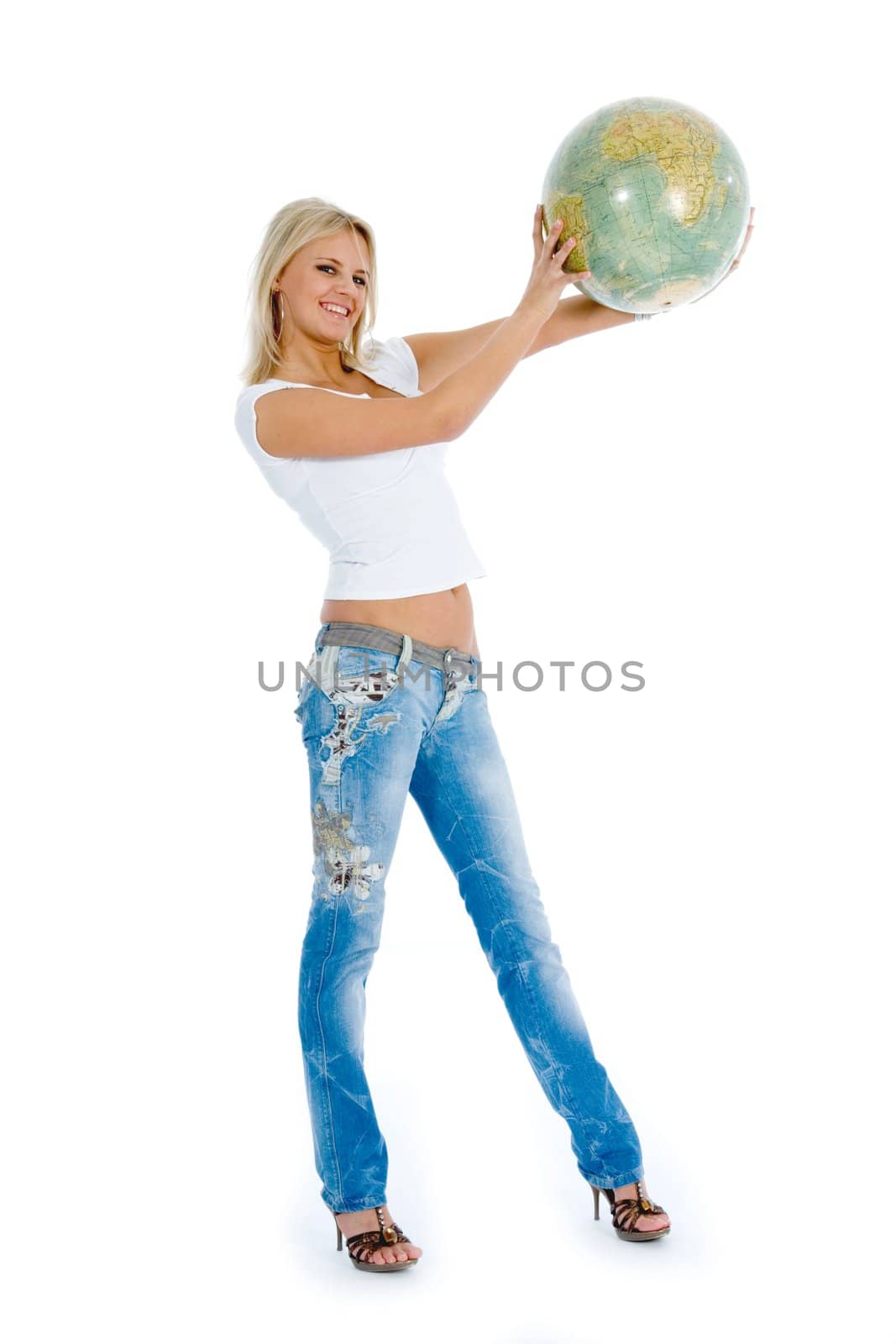 Young woman with  globe on  isolated background