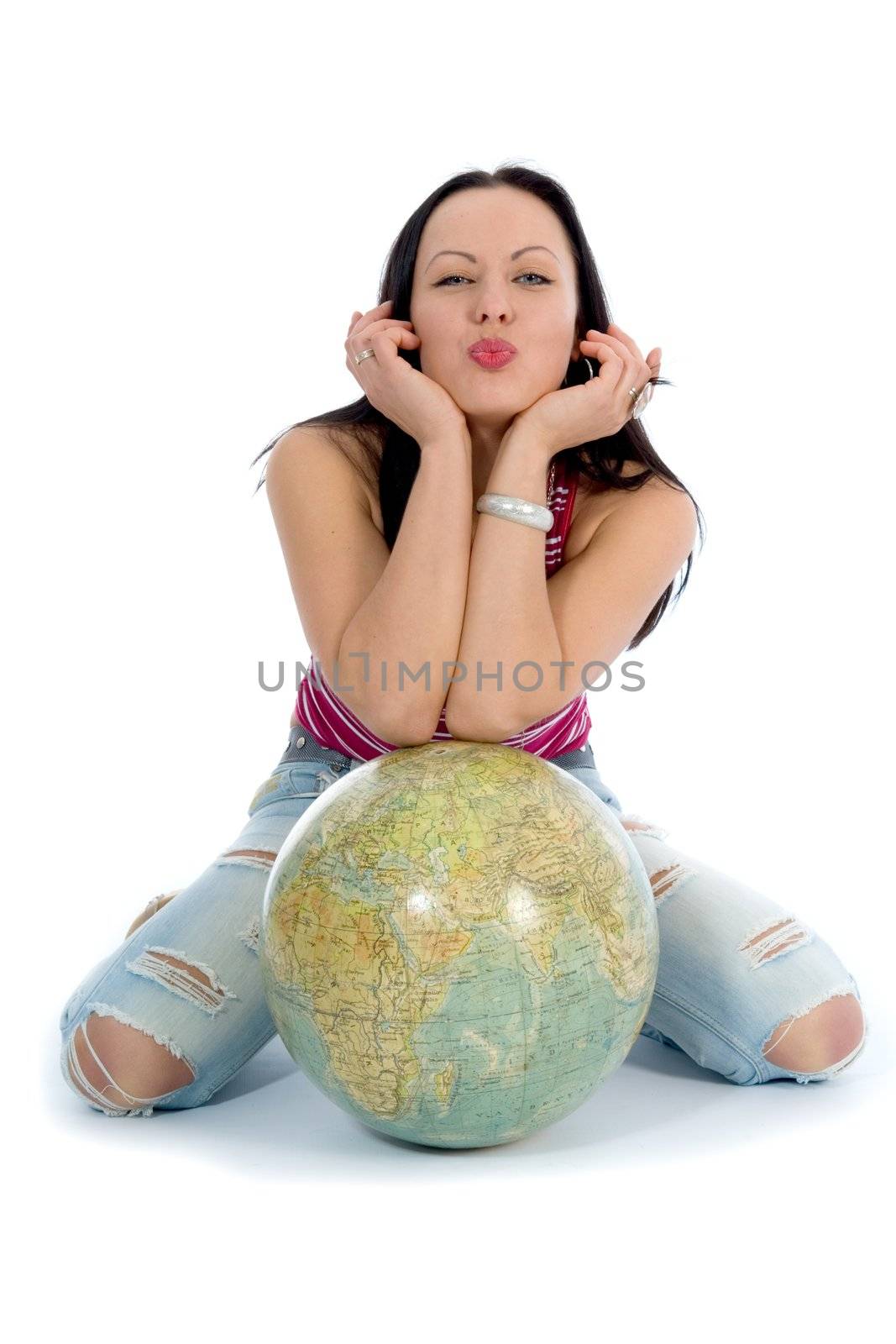 Young woman with  globe on  isolated background