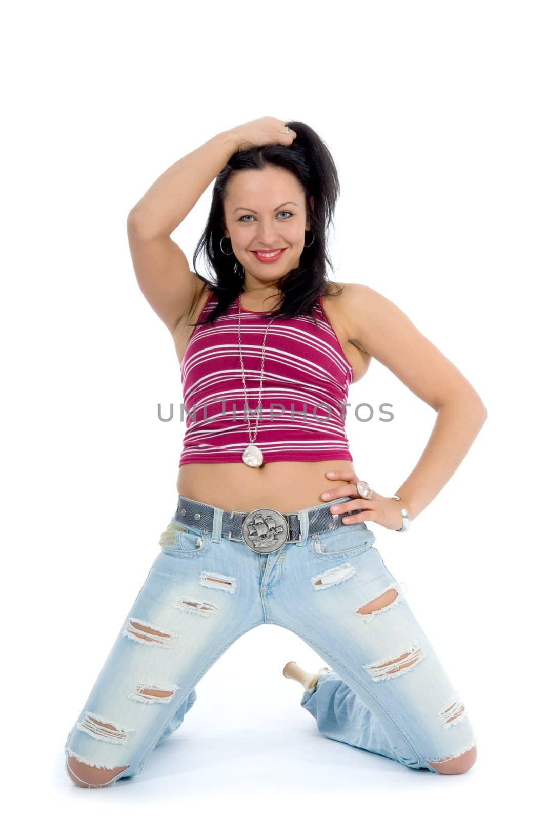 portrait of the brunette with blue eye on white background