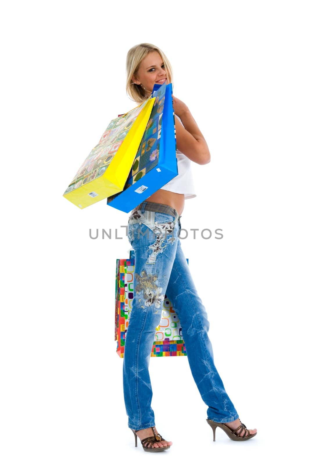 Beautiful woman with gift on white background