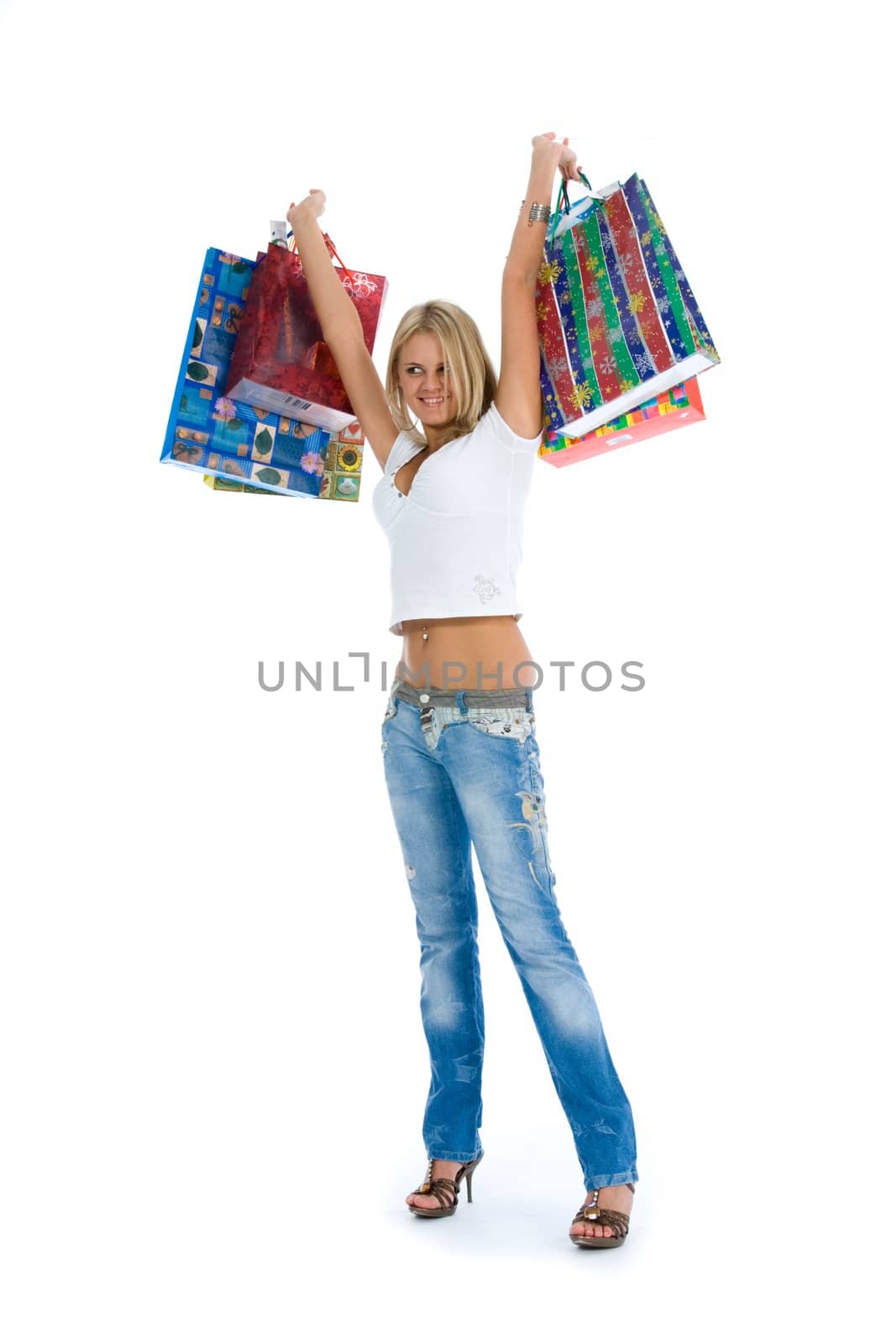 Beautiful woman with gift on white background