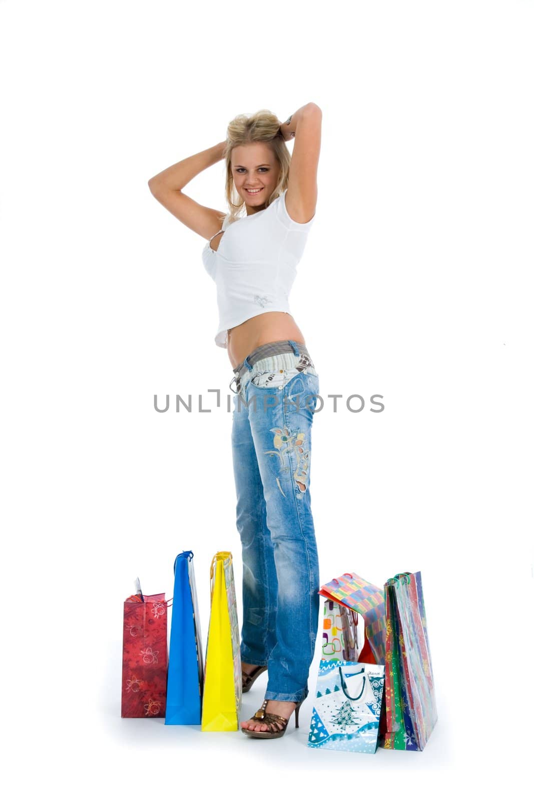Beautiful woman with gift on white background