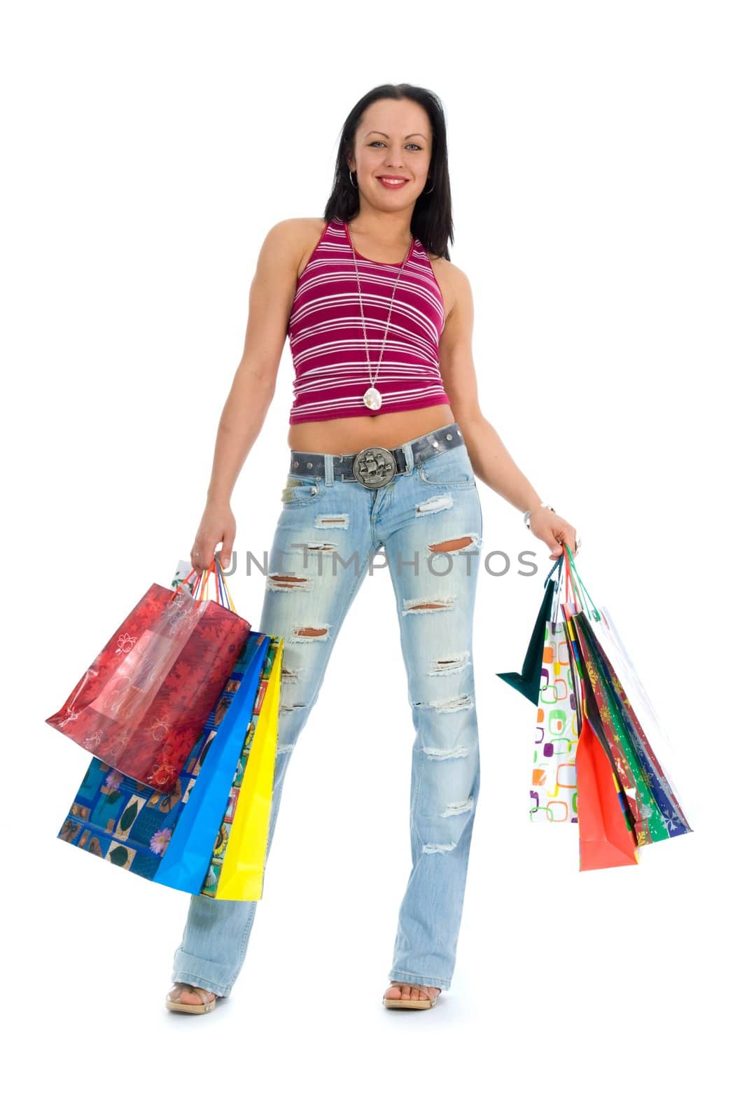 Beautiful woman with gift on white background