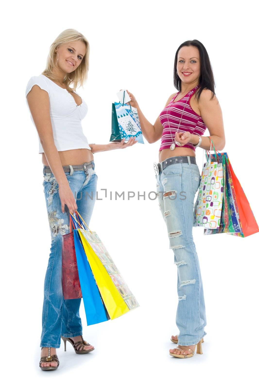 Beautiful women with gift on white background