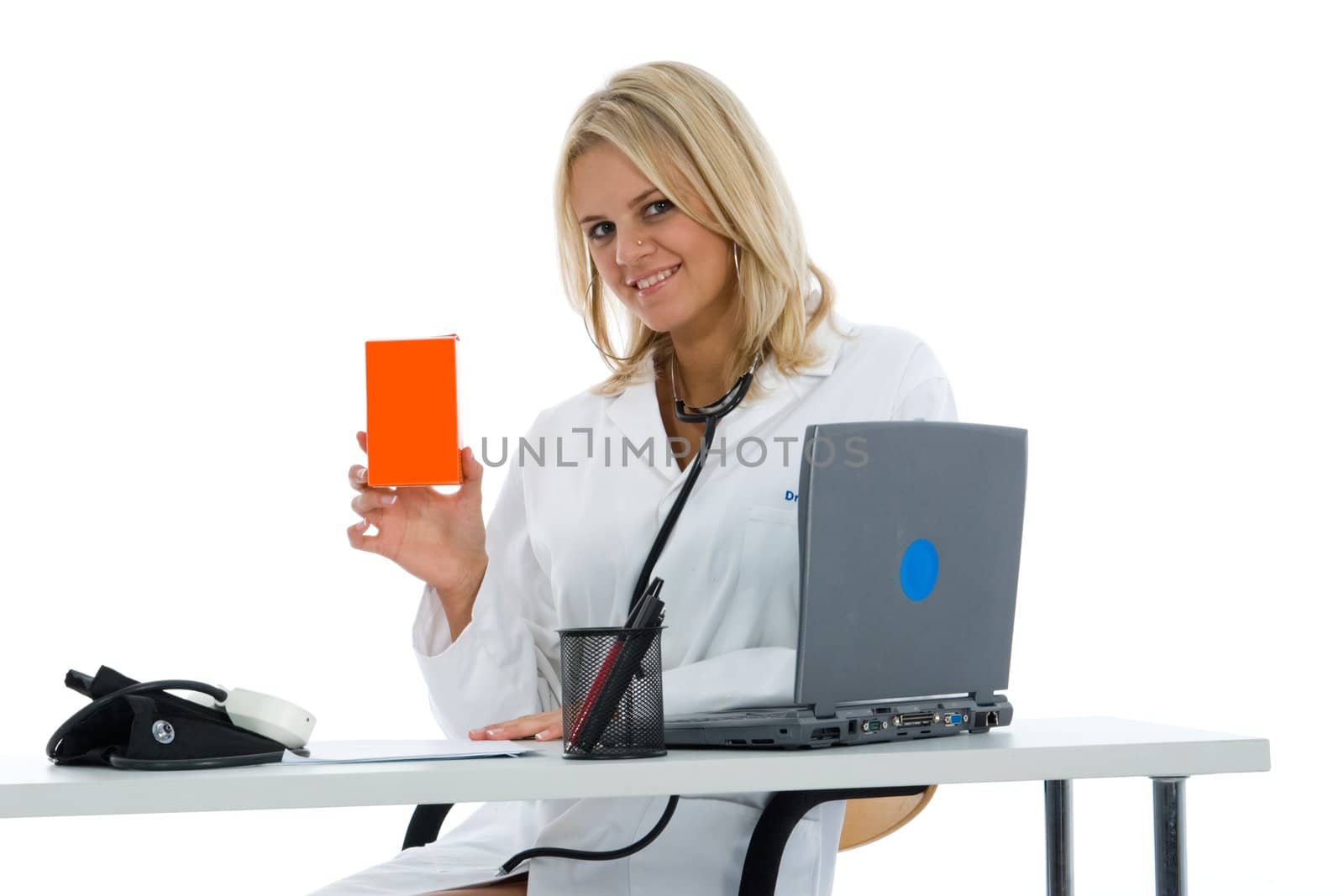 young doctor with stethoscope on isolated background