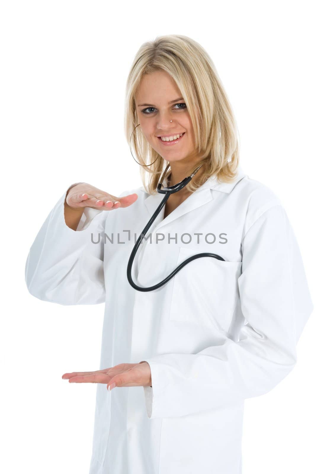 young doctor with stethoscope on isolated background