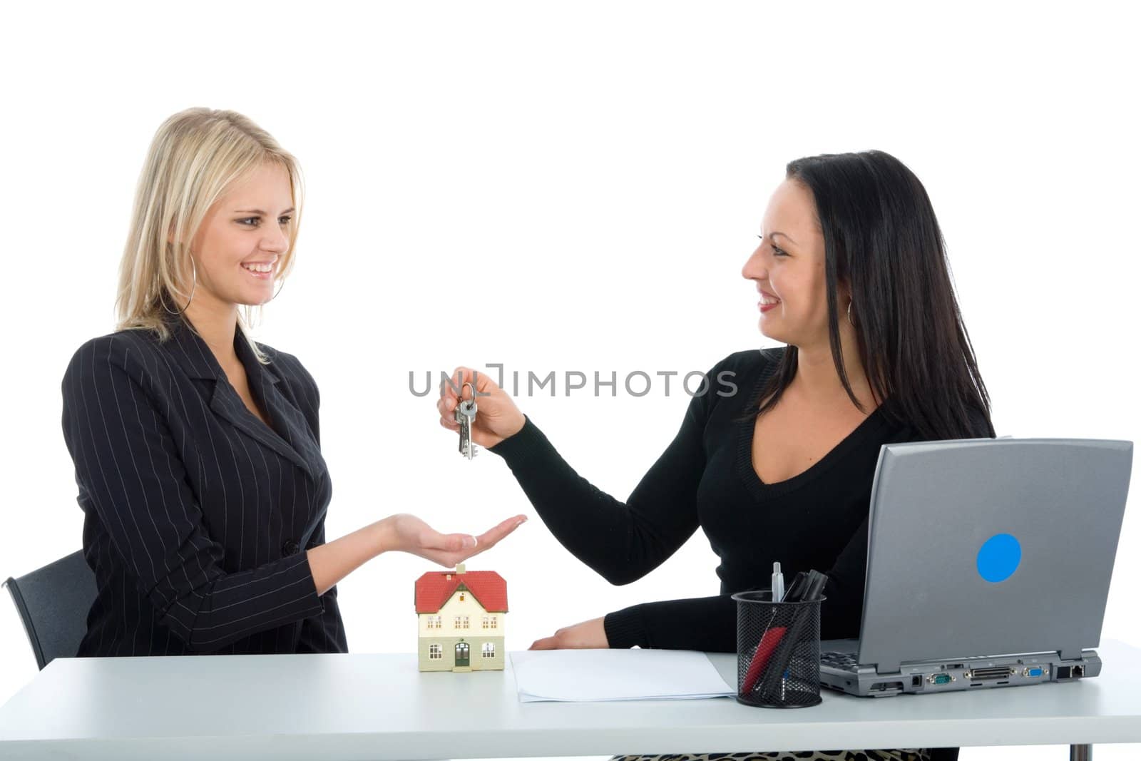 Business women advertises real estate on  white background