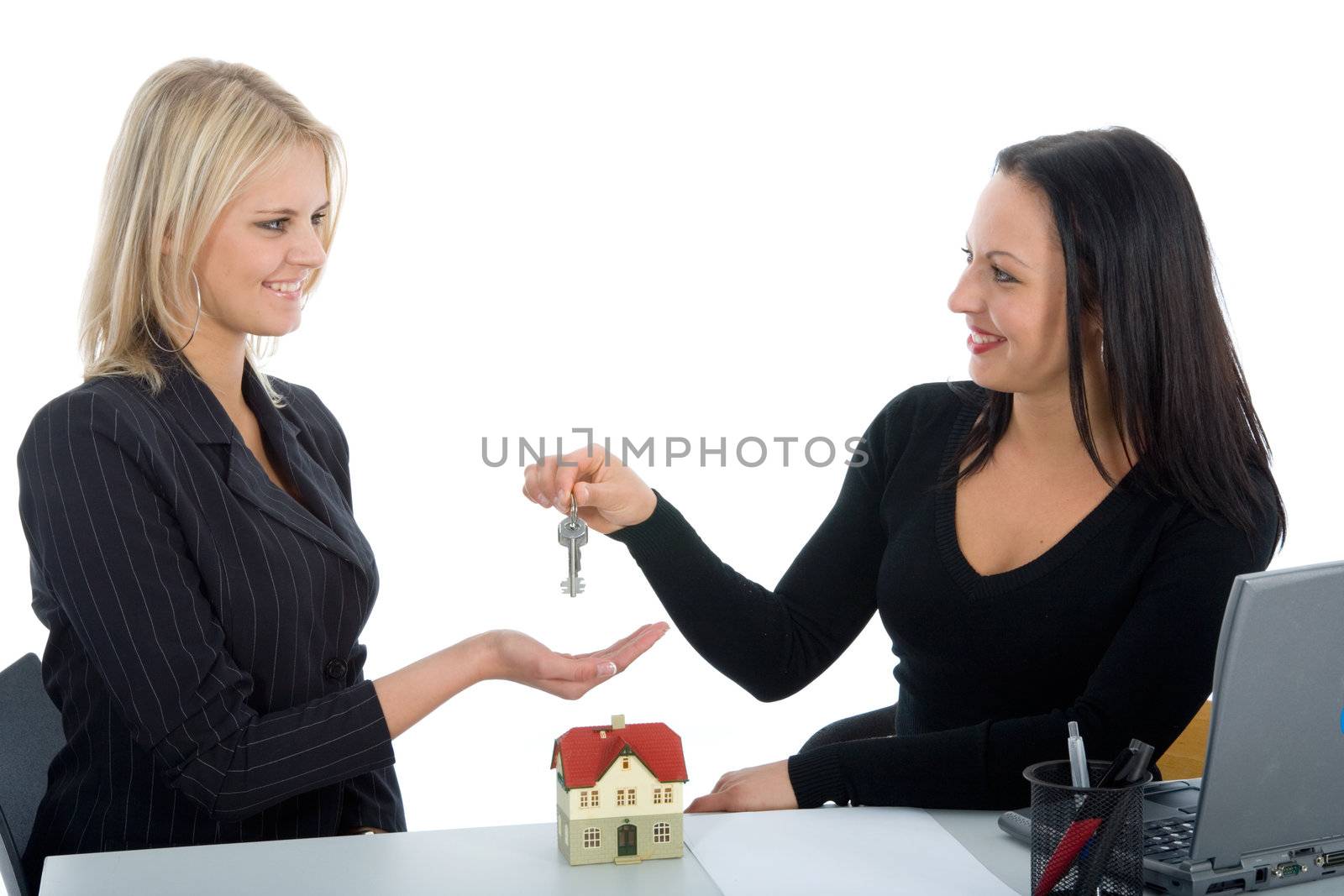 Business women advertises real estate on  white background
