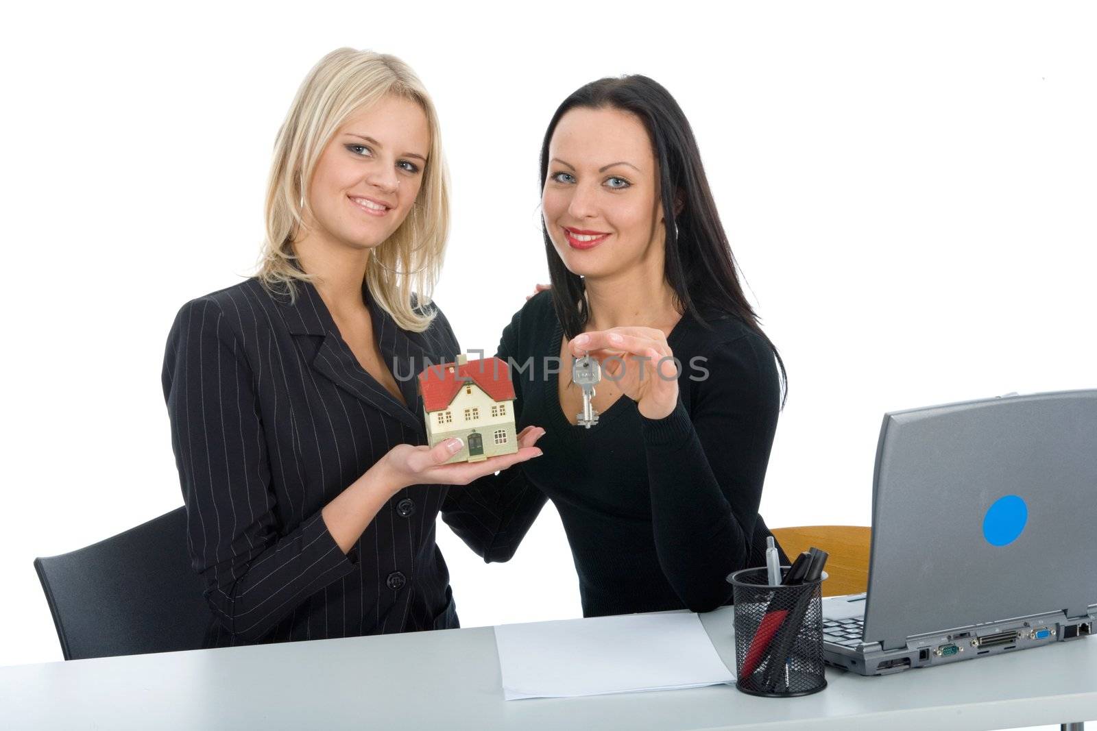 Business women advertises real estate on  white background