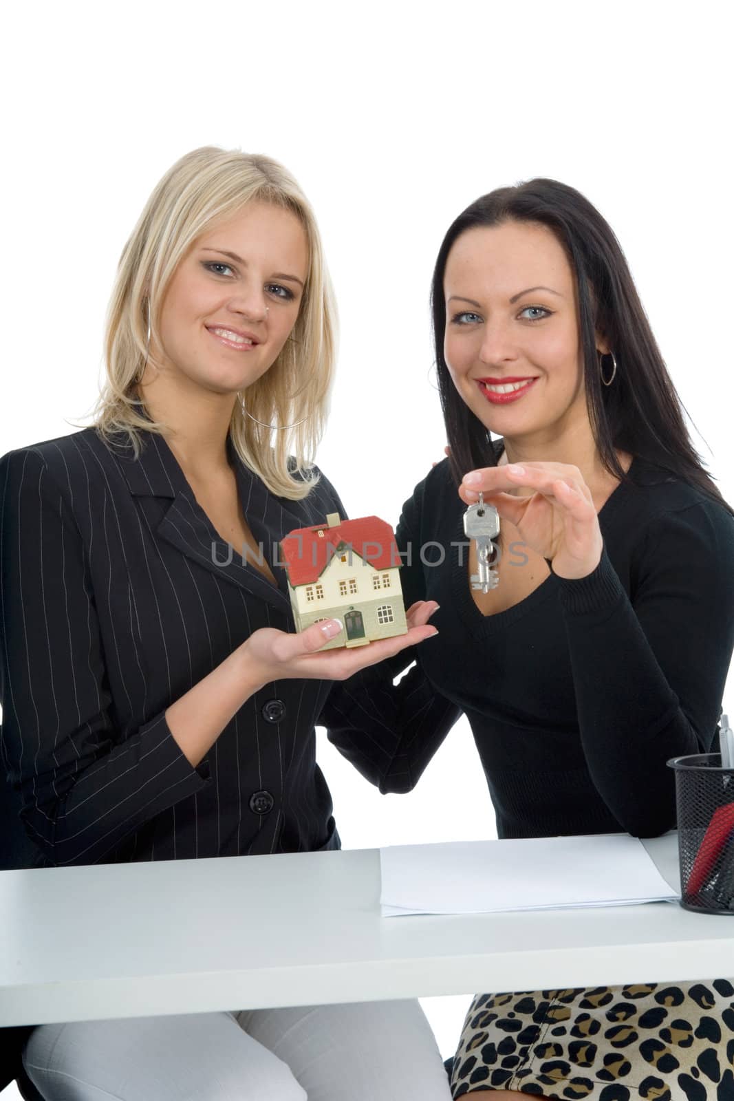 Business women advertises real estate on  white background