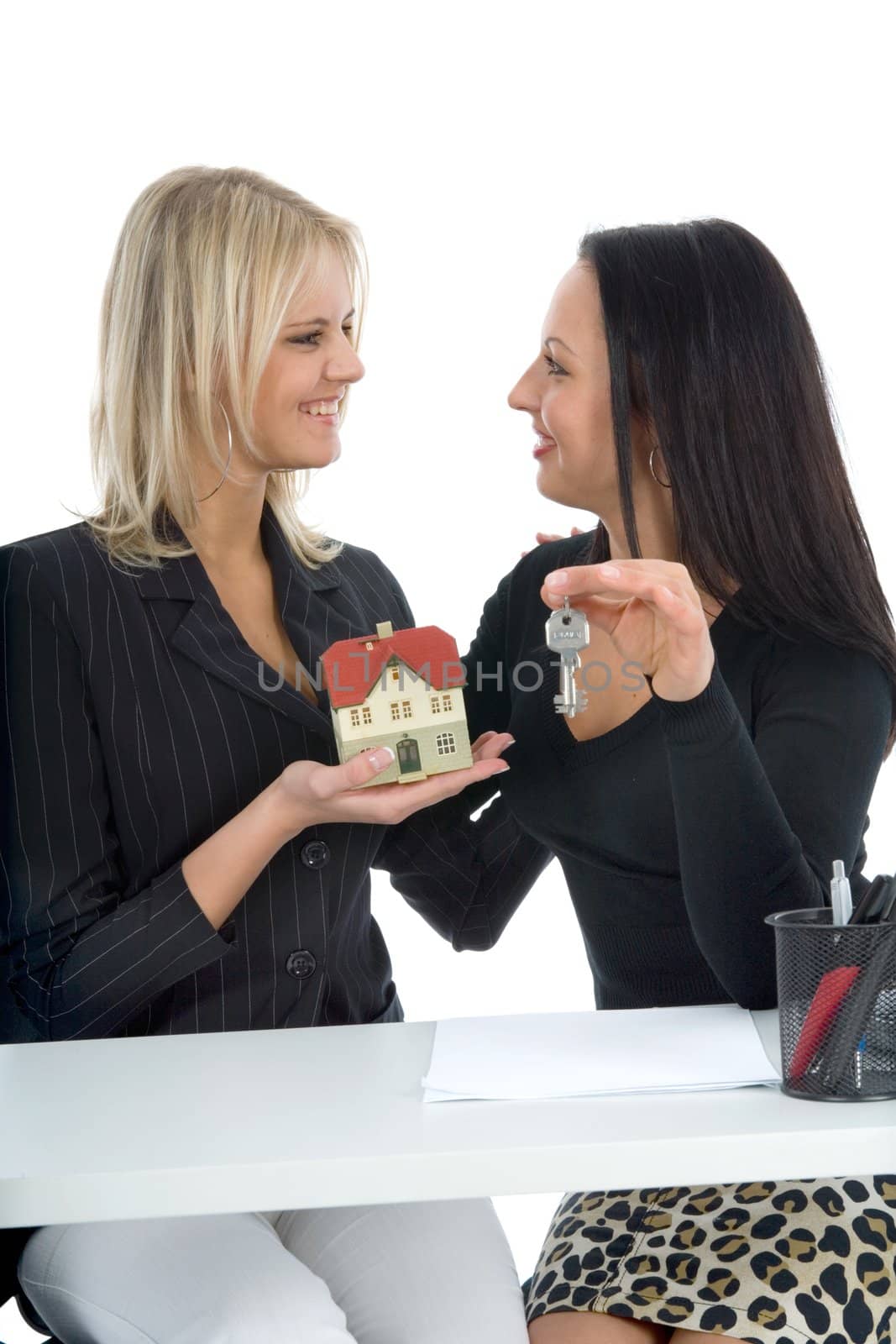 Business women advertises real estate on  white background