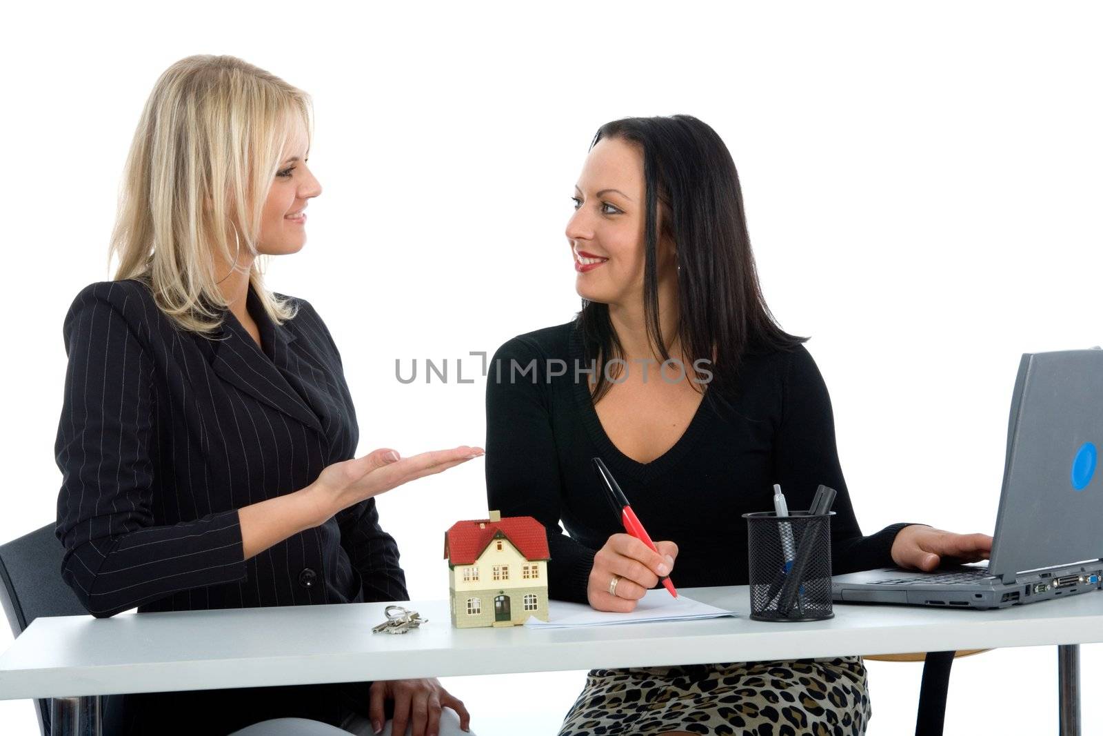Business women advertises real estate on  white background