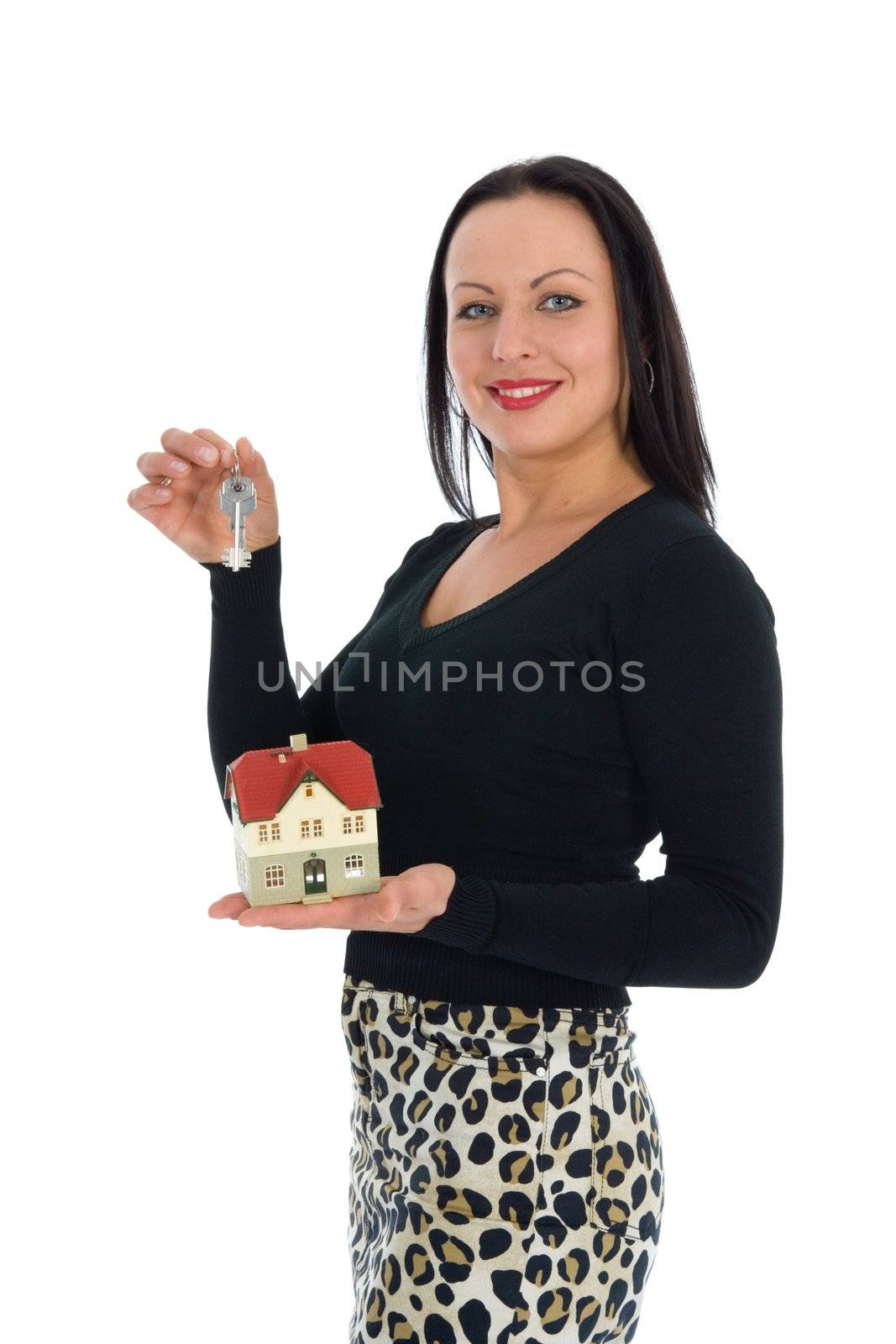 Business woman advertises real estate on white background