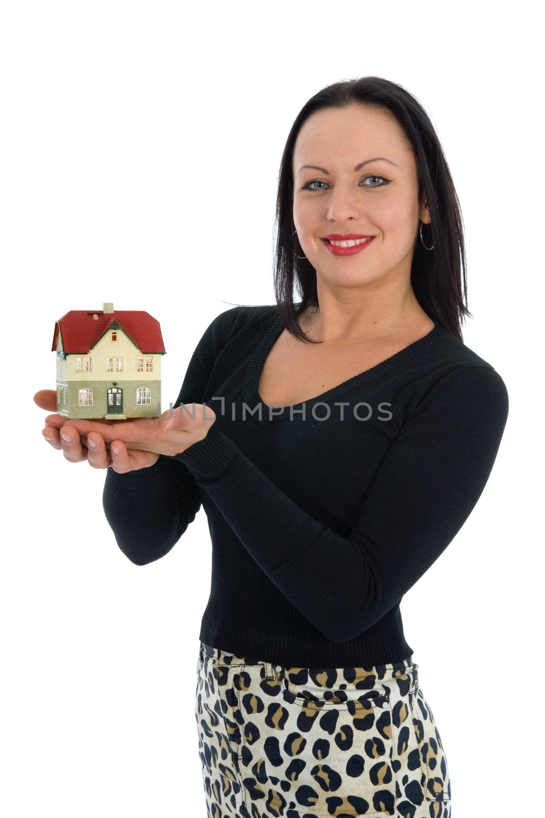 Business woman advertises real estate on white background