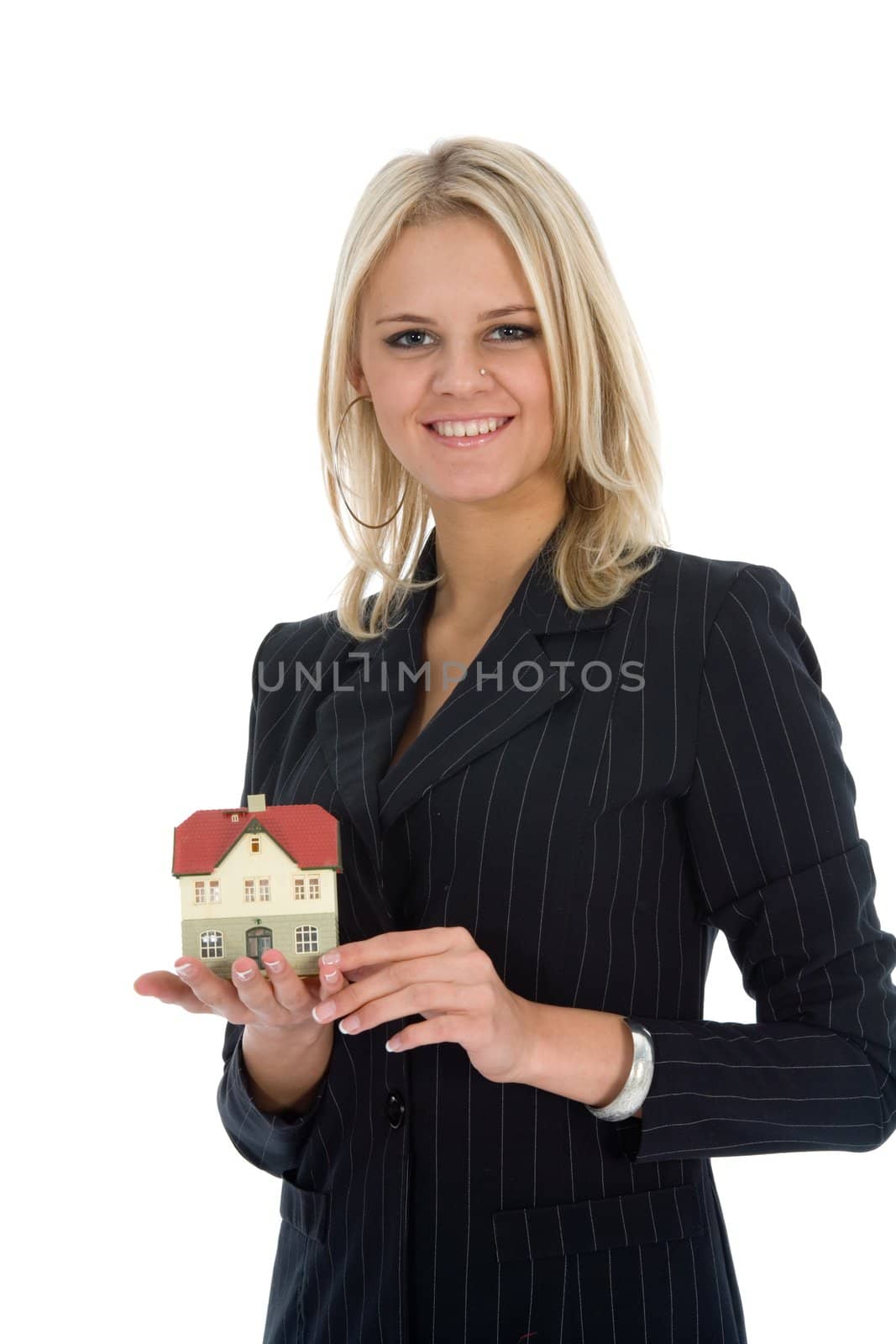 Business woman advertises real estate on white background