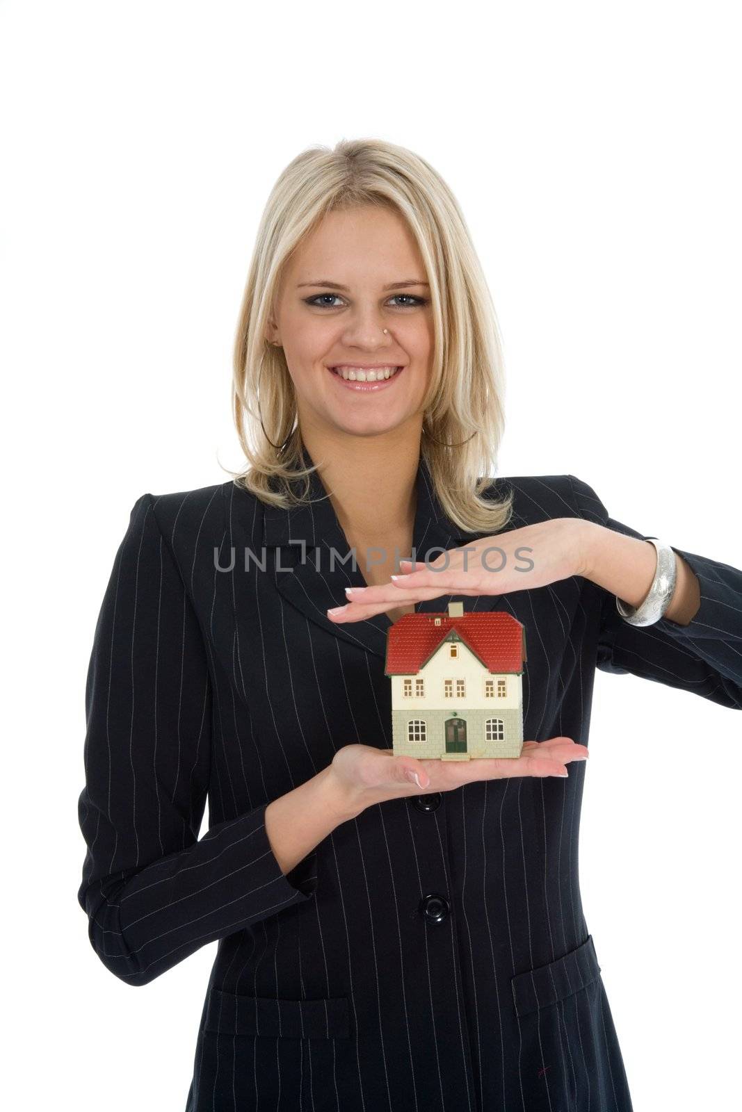 Business woman advertises real estate on white background