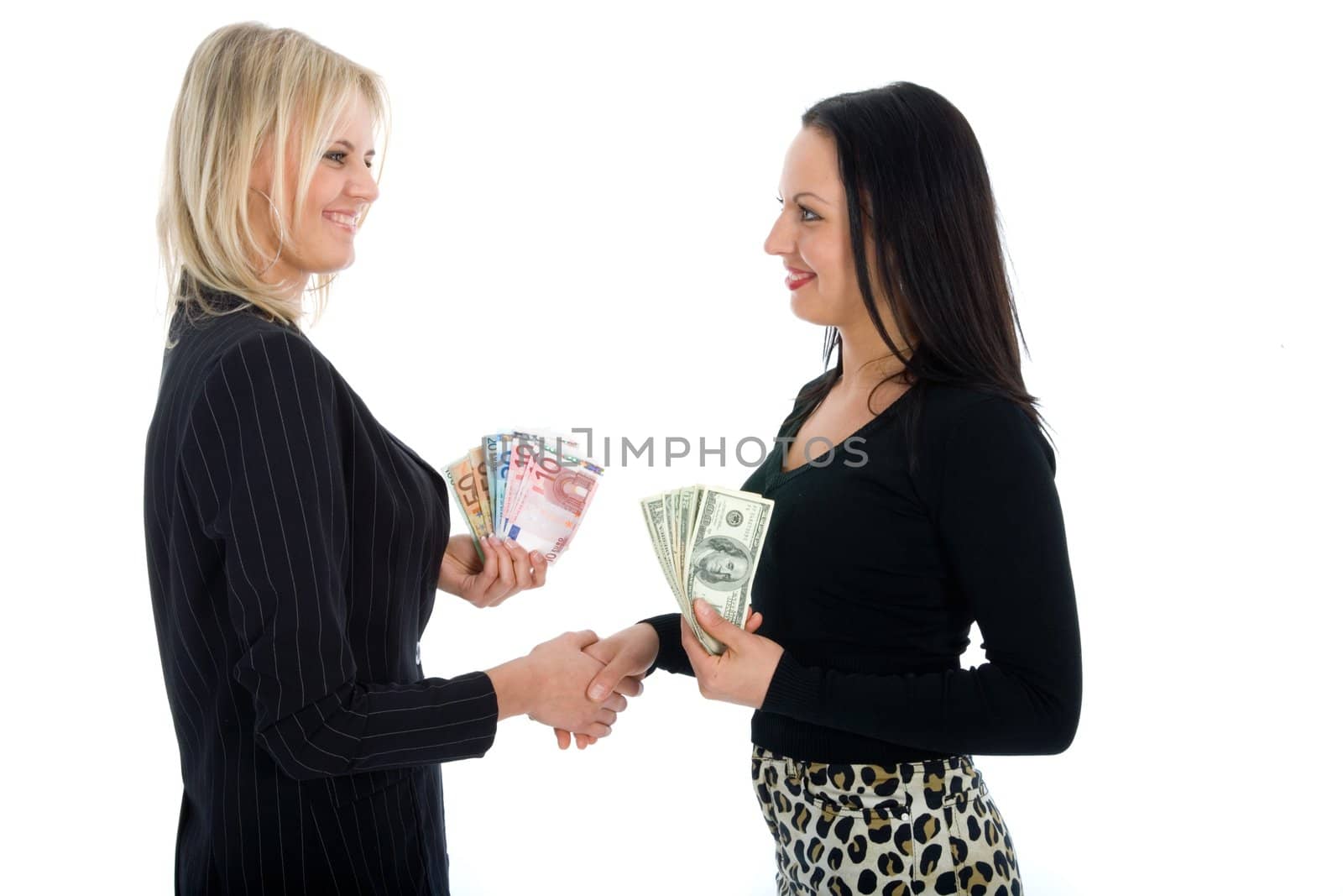 Business woman advertises real estate on white background