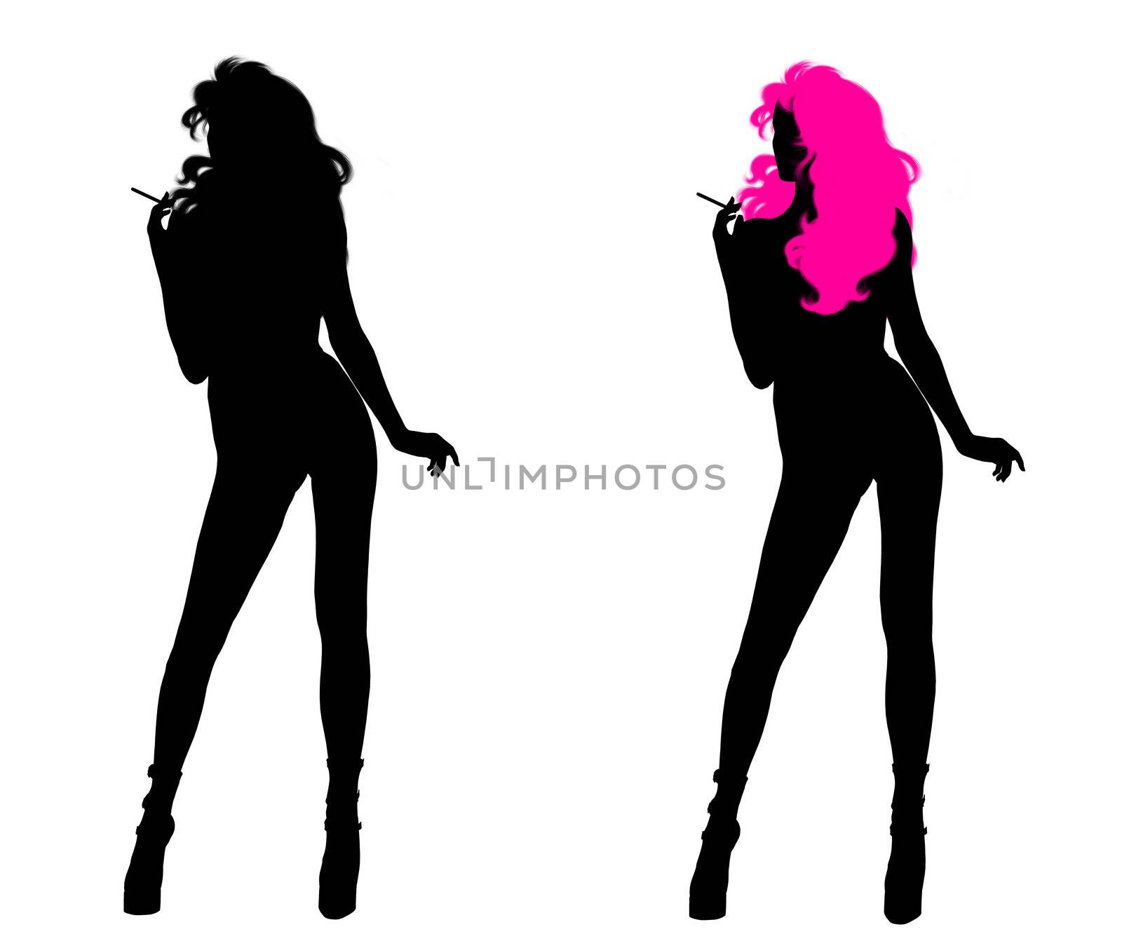 One woman silhouette with pink hair and one woman without