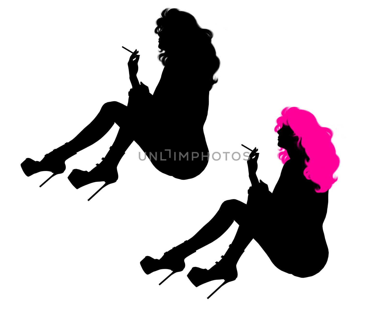 One woman silhouette with pink hair and one woman without