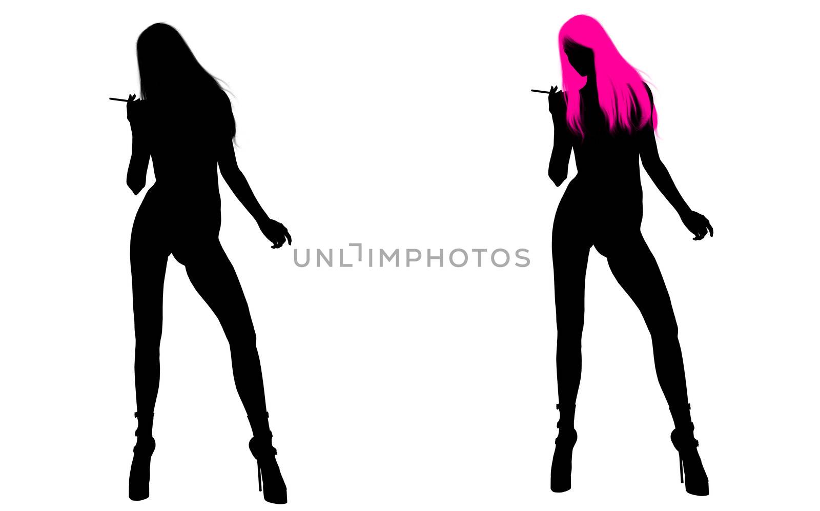 One woman silhouette with pink hair and one woman without