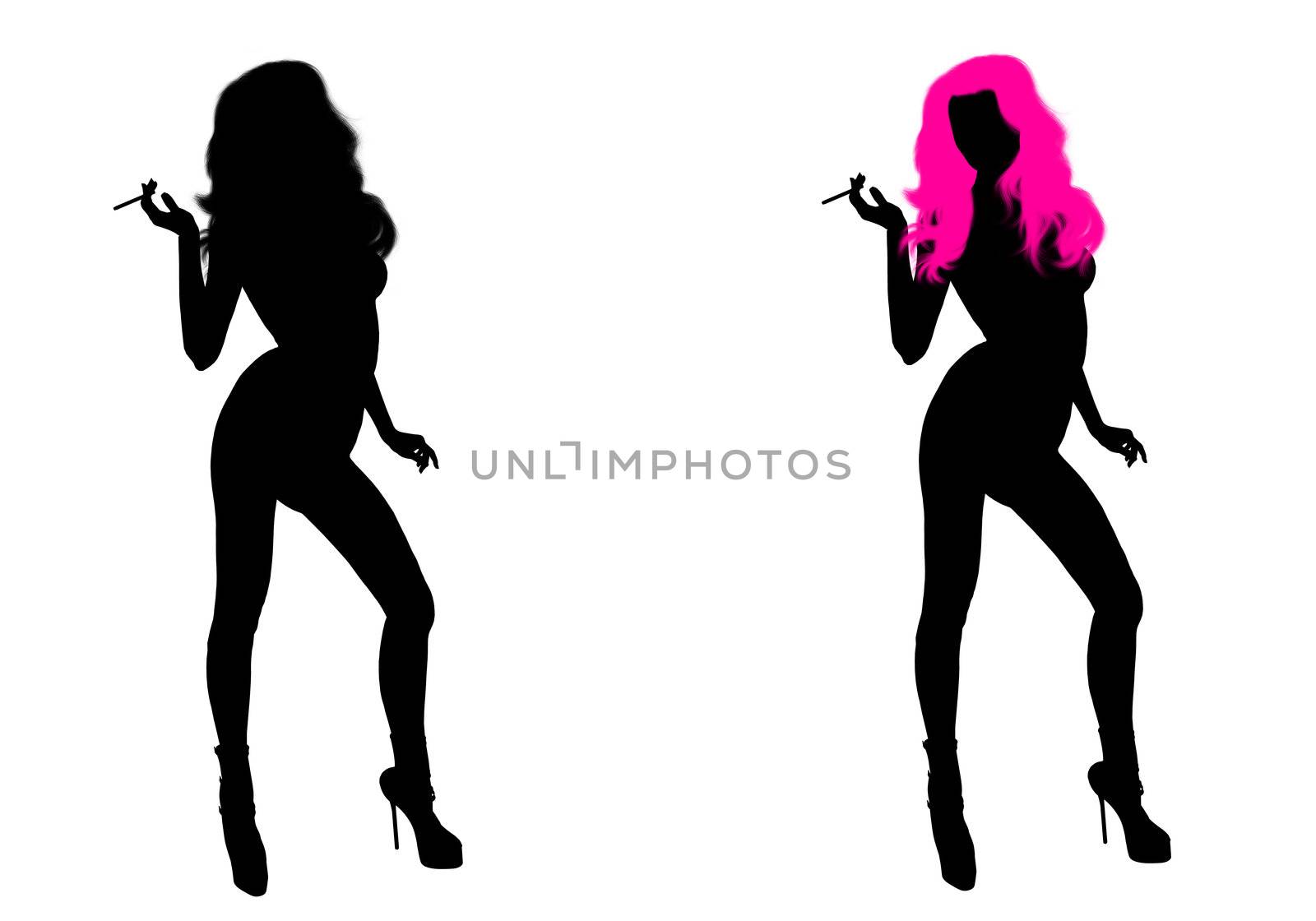 One woman silhouette with pink hair and one woman without