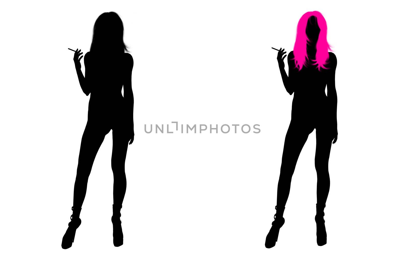 One woman silhouette with pink hair and one woman without