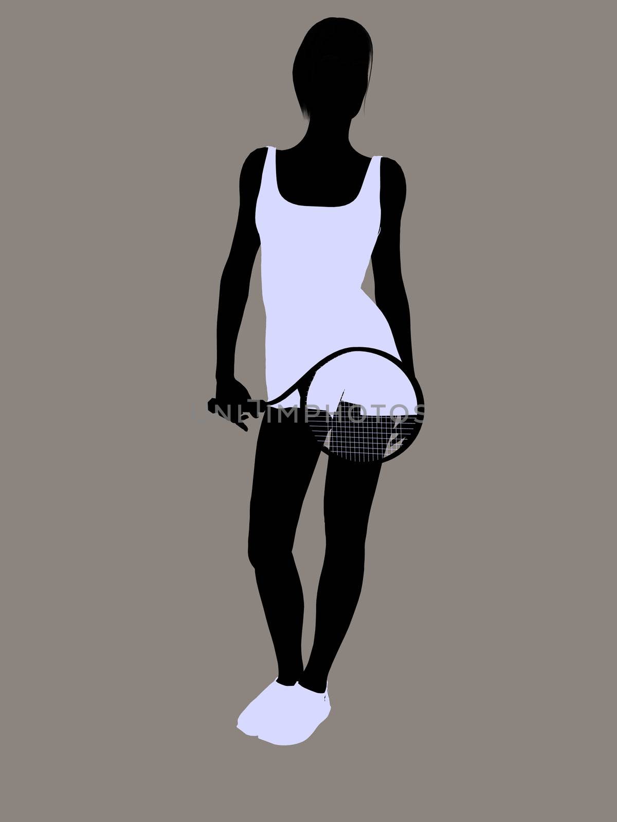 Female tennis player silhouette holding a tennis racket on a grey background.